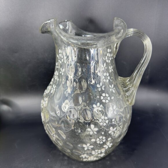 Antique Enameled Glass Pitcher Jug Hand Blown Optic Dot Manganese 365nm Green UV - Picture 15 of 16